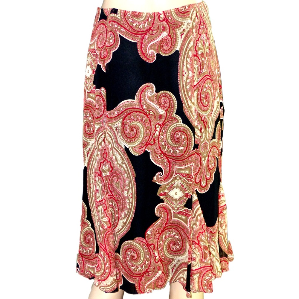 INC International Concepts 100% Silk Paisley Godet Midi Skirt Black Red Size 6
